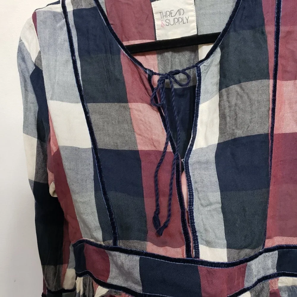 Thread & Supply Plaid Velvet Trim Peplum Top, sz M - Picture 8 of 8